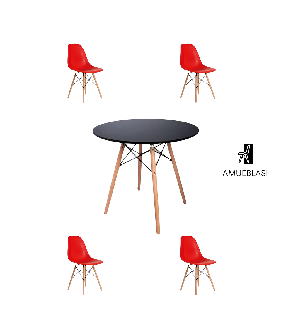 Comedor Mesa Redonda Melamina Eames Negra + Sillas Eames