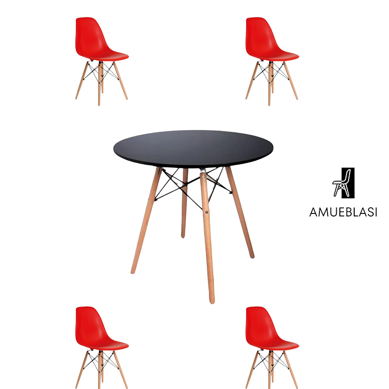 Comedor Mesa Redonda Melamina Eames Negra + Sillas Eames 10