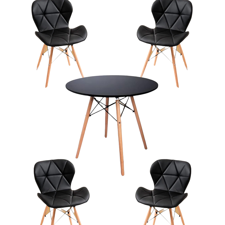 Comedor Mesa Redonda Melamina Eames Negra + Sillas Radar 8