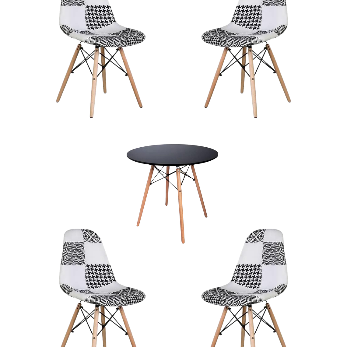Comedor Mesa Redonda Melamina Eames Negra + Sillas Patchwork 4