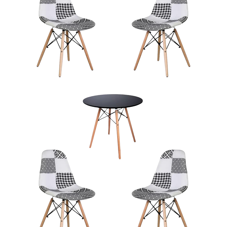 Comedor Mesa Redonda Melamina Eames Negra + Sillas Patchwork 4