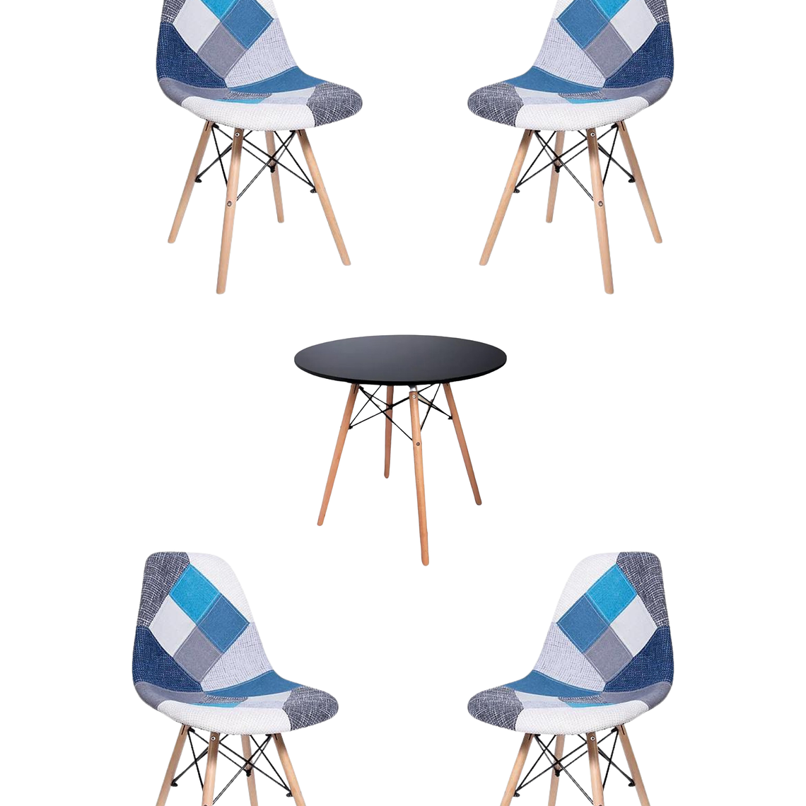 Comedor Mesa Redonda Melamina Eames Negra + Sillas Patchwork 2