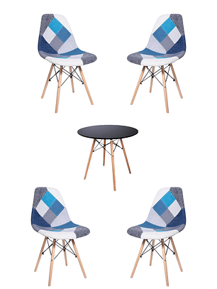 Comedor Mesa Redonda Melamina Eames Negra + Sillas Patchwork