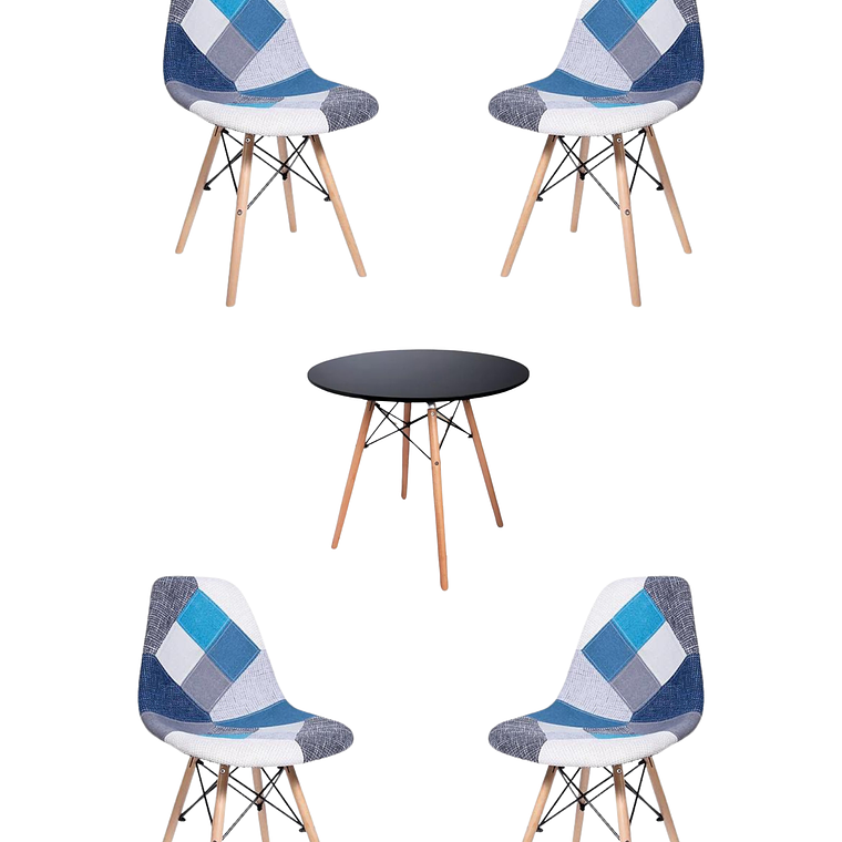Comedor Mesa Redonda Melamina Eames Negra + Sillas Patchwork 2