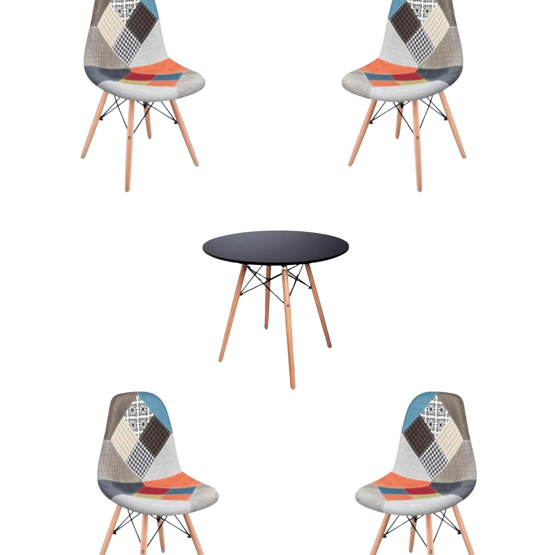 Comedor Mesa Redonda Melamina Eames Negra + Sillas Patchwork 1