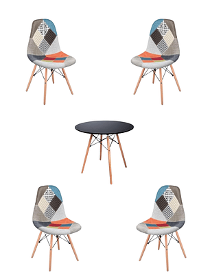 Comedor Mesa Redonda Melamina Eames Negra + Sillas Patchwork
