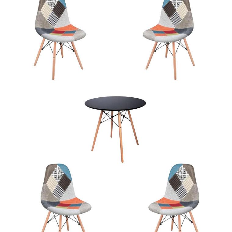 Comedor Mesa Redonda Melamina Eames Negra + Sillas Patchwork 1