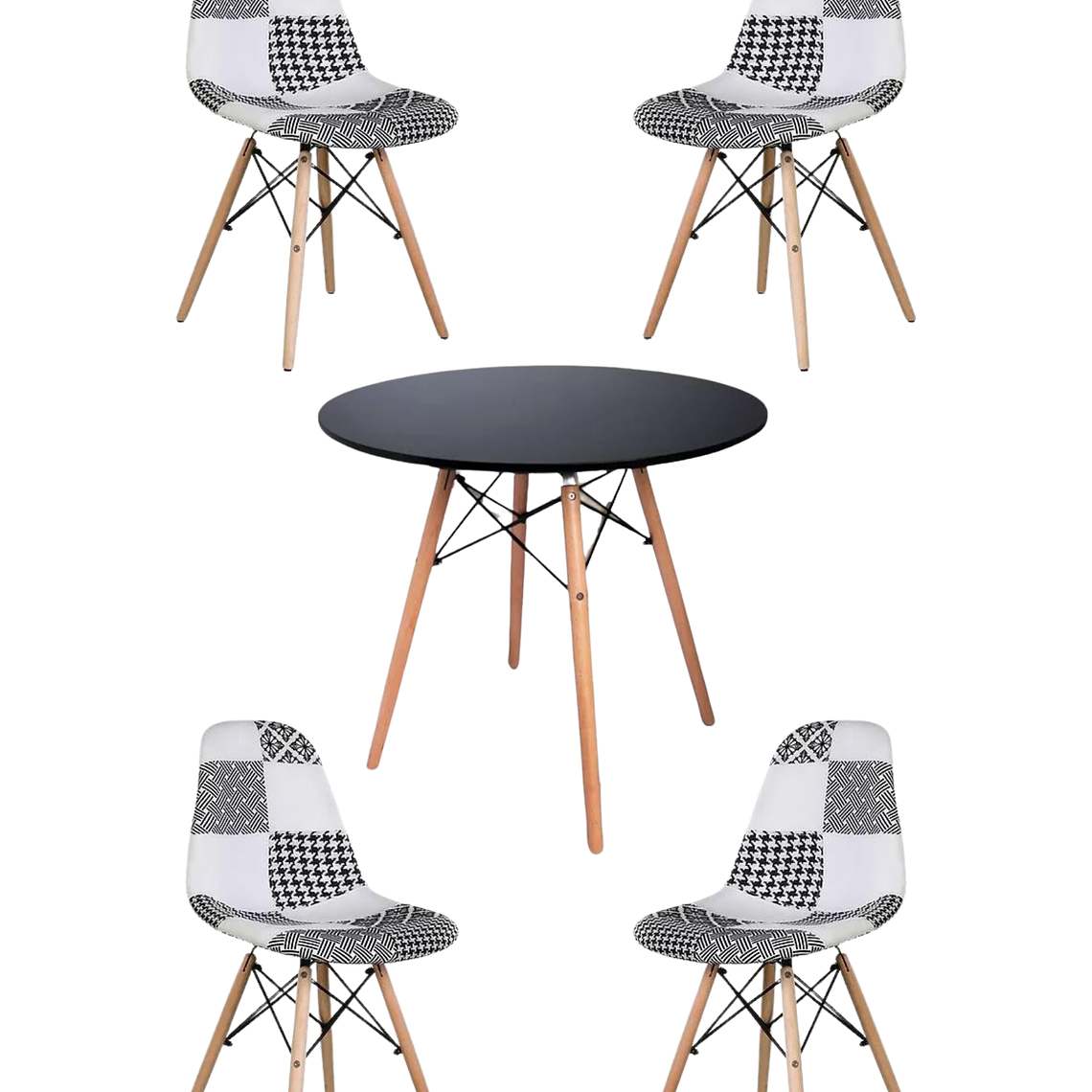 Comedor Mesa Redonda Melamina Eames Negra + Sillas Patchwork 5