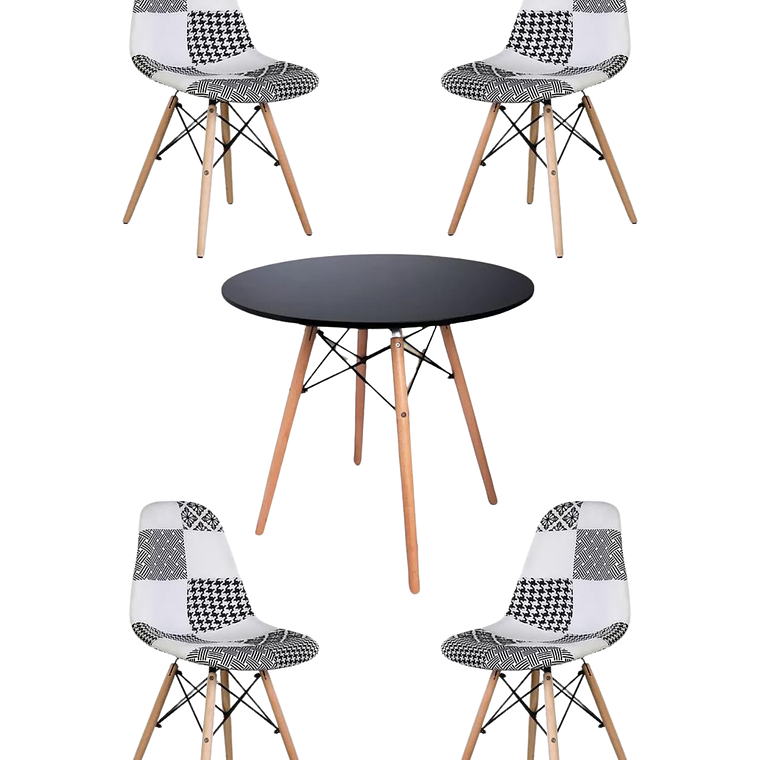 Comedor Mesa Redonda Melamina Eames Negra + Sillas Patchwork 5