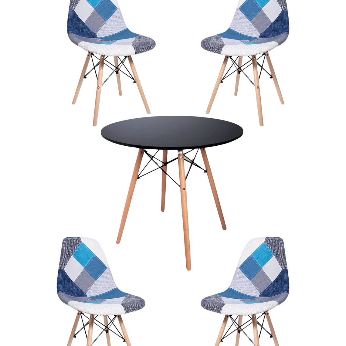 Comedor Mesa Redonda Melamina Eames Negra + Sillas Patchwork 3