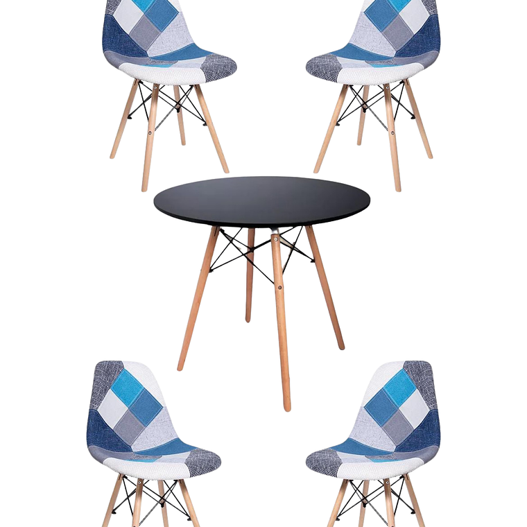 Comedor Mesa Redonda Melamina Eames Negra + Sillas Patchwork 3