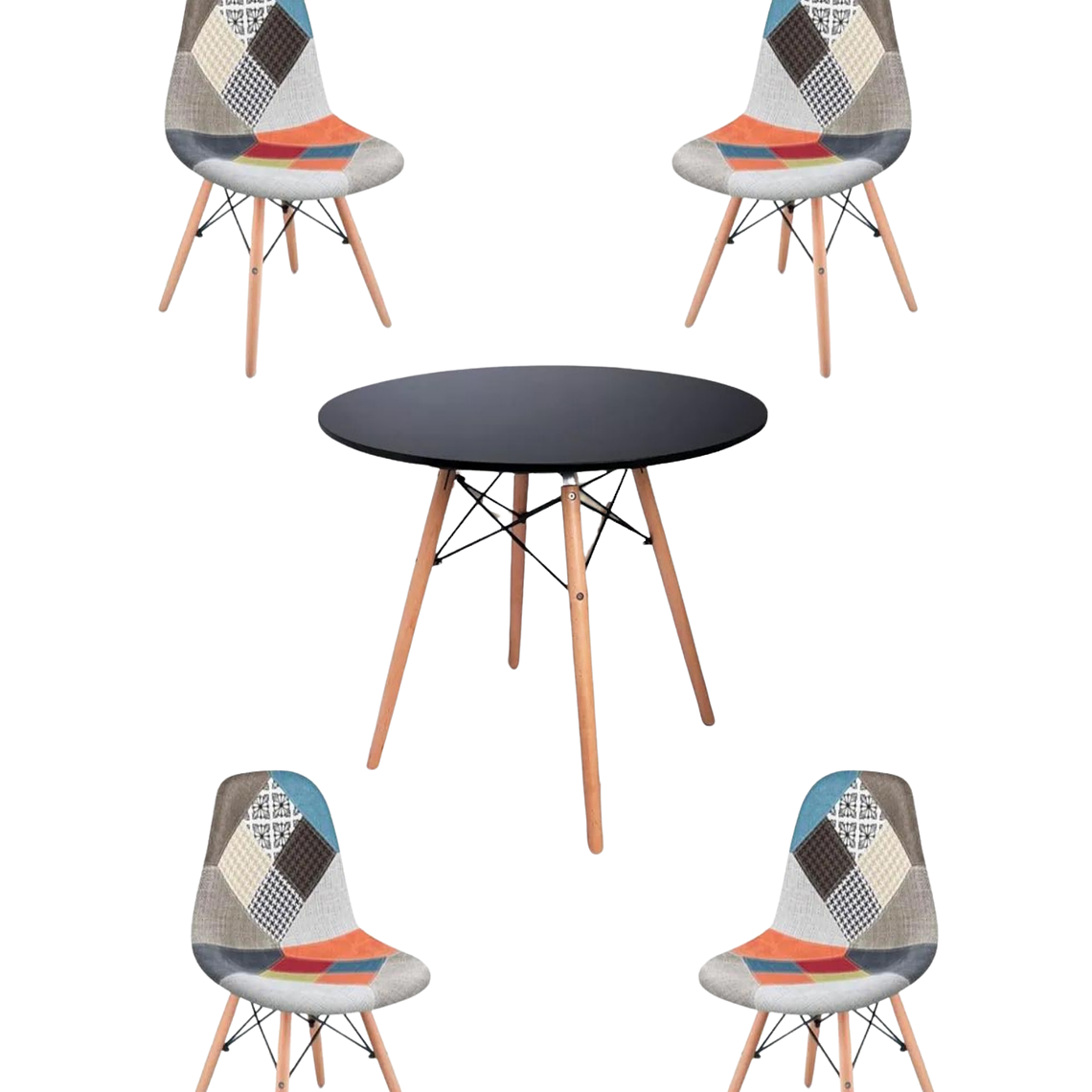 Comedor Mesa Redonda Melamina Eames Negra + Sillas Patchwork 6