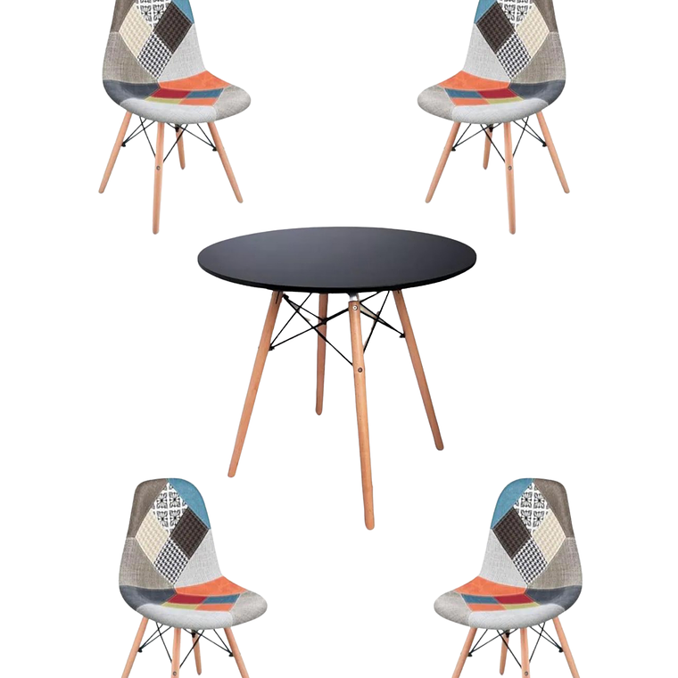Comedor Mesa Redonda Melamina Eames Negra + Sillas Patchwork 6