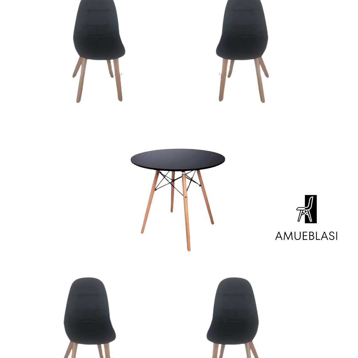 Comedor Mesa Redonda Melamina Eames Negra  + Sillas Capitone 1