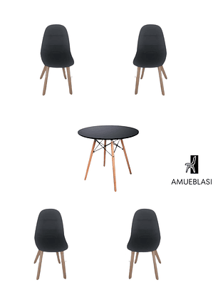 Comedor Mesa Redonda Melamina Eames Negra  + Sillas Capitone