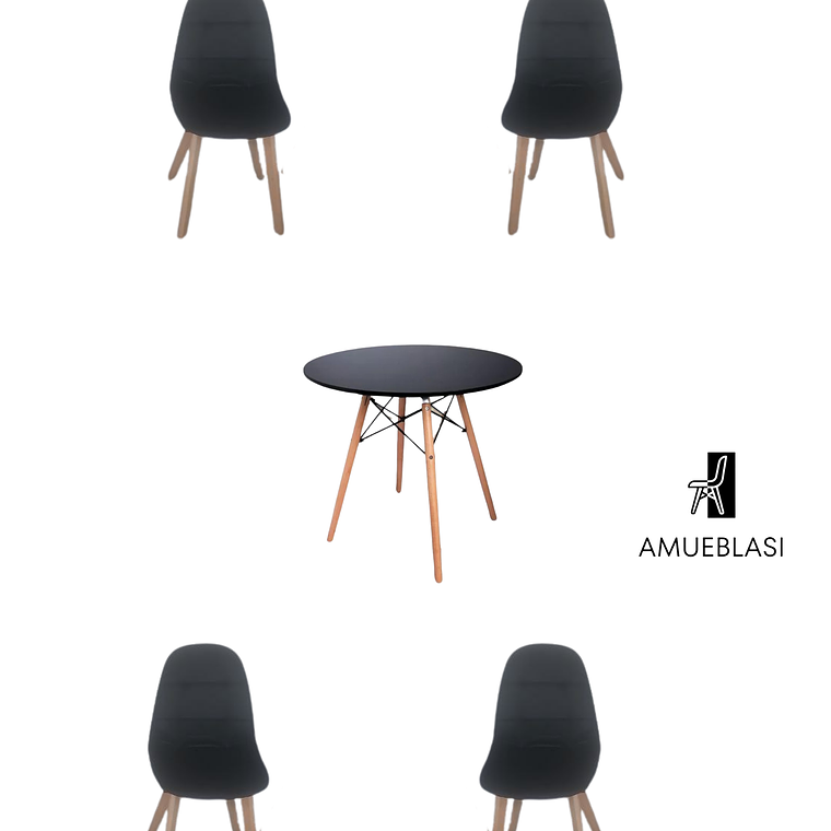 Comedor Mesa Redonda Melamina Eames Negra  + Sillas Capitone 1