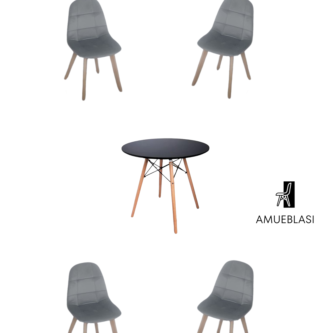 Comedor Mesa Redonda Melamina Eames Negra  + Sillas Capitone 2