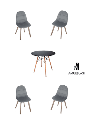 Comedor Mesa Redonda Melamina Eames Negra  + Sillas Capitone