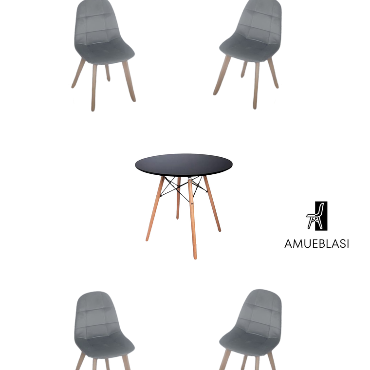 Comedor Mesa Redonda Melamina Eames Negra  + Sillas Capitone 2