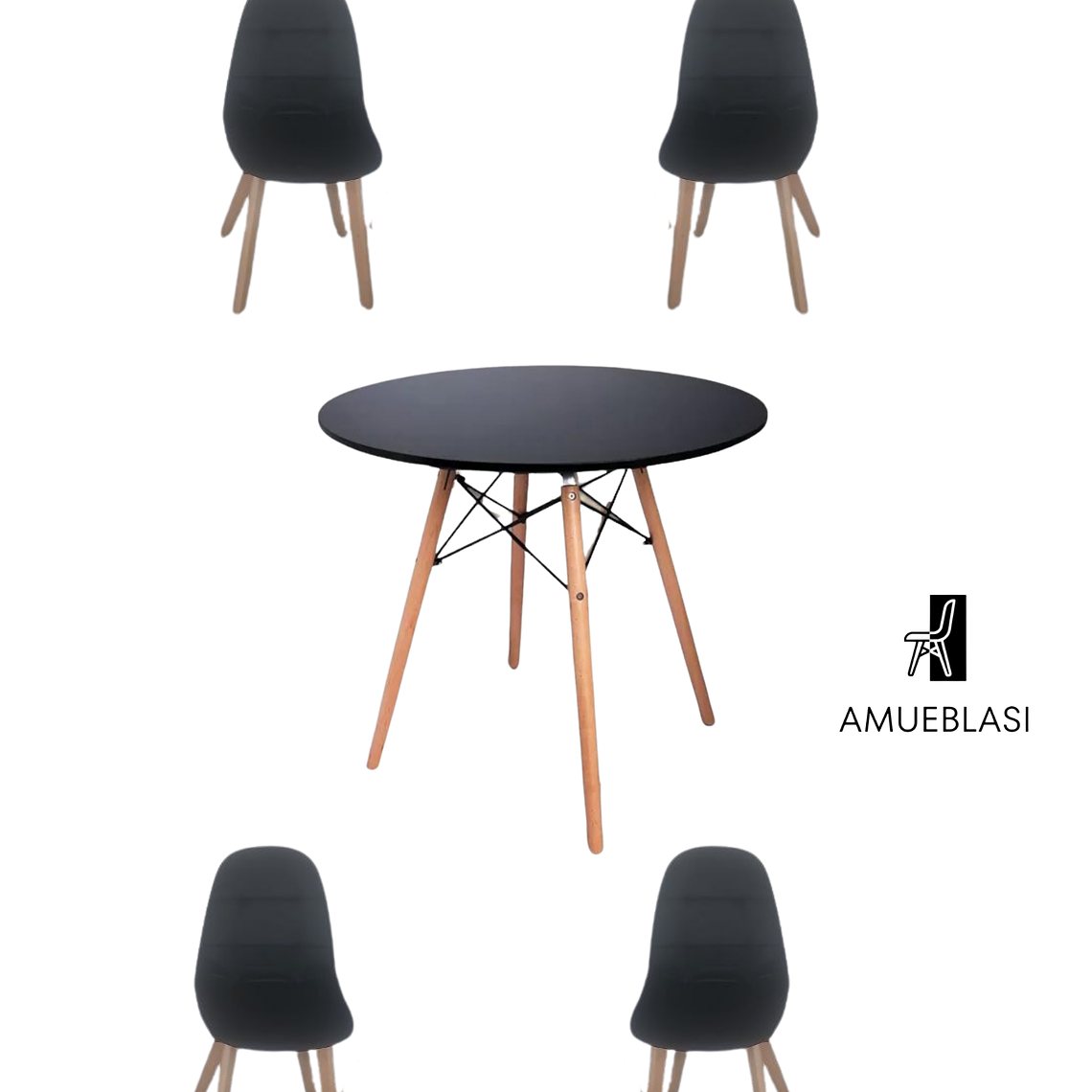 Comedor Mesa Redonda Melamina Eames Negra  + Sillas Capitone 3