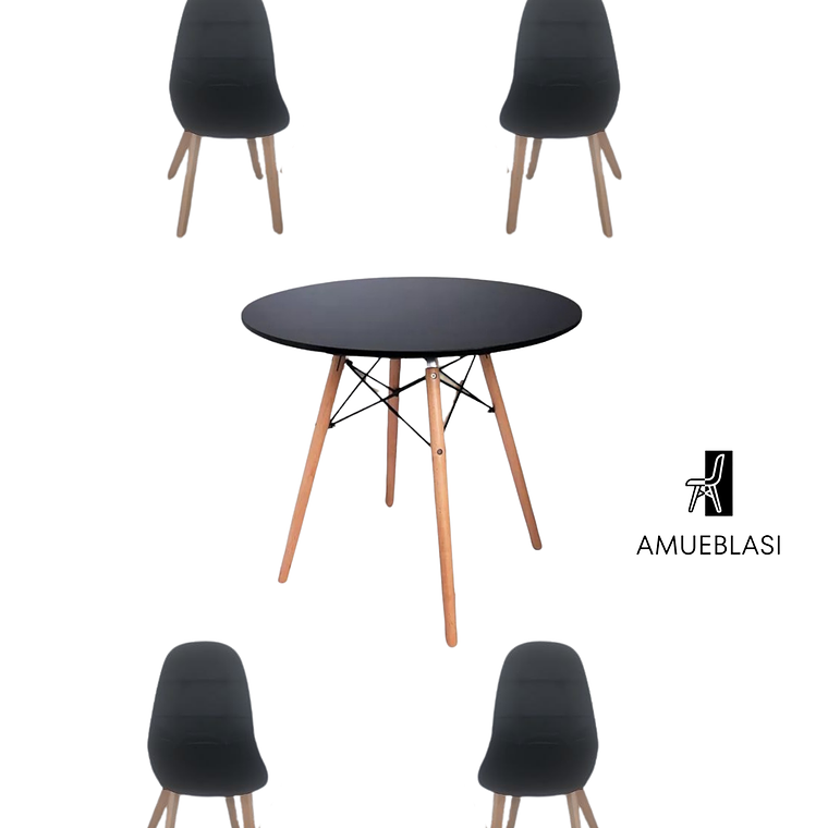 Comedor Mesa Redonda Melamina Eames Negra  + Sillas Capitone 3