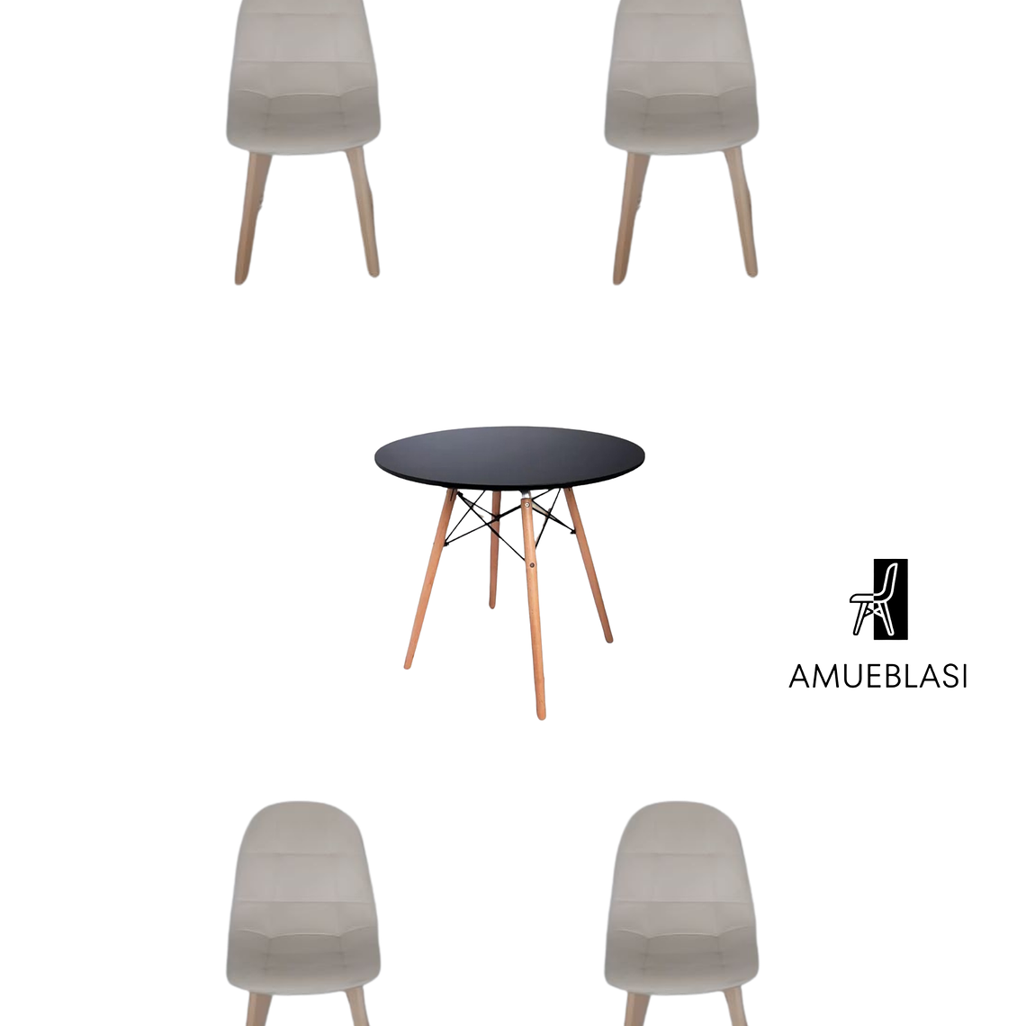 Comedor Mesa Redonda Melamina Eames Negra  + Sillas Capitone 4