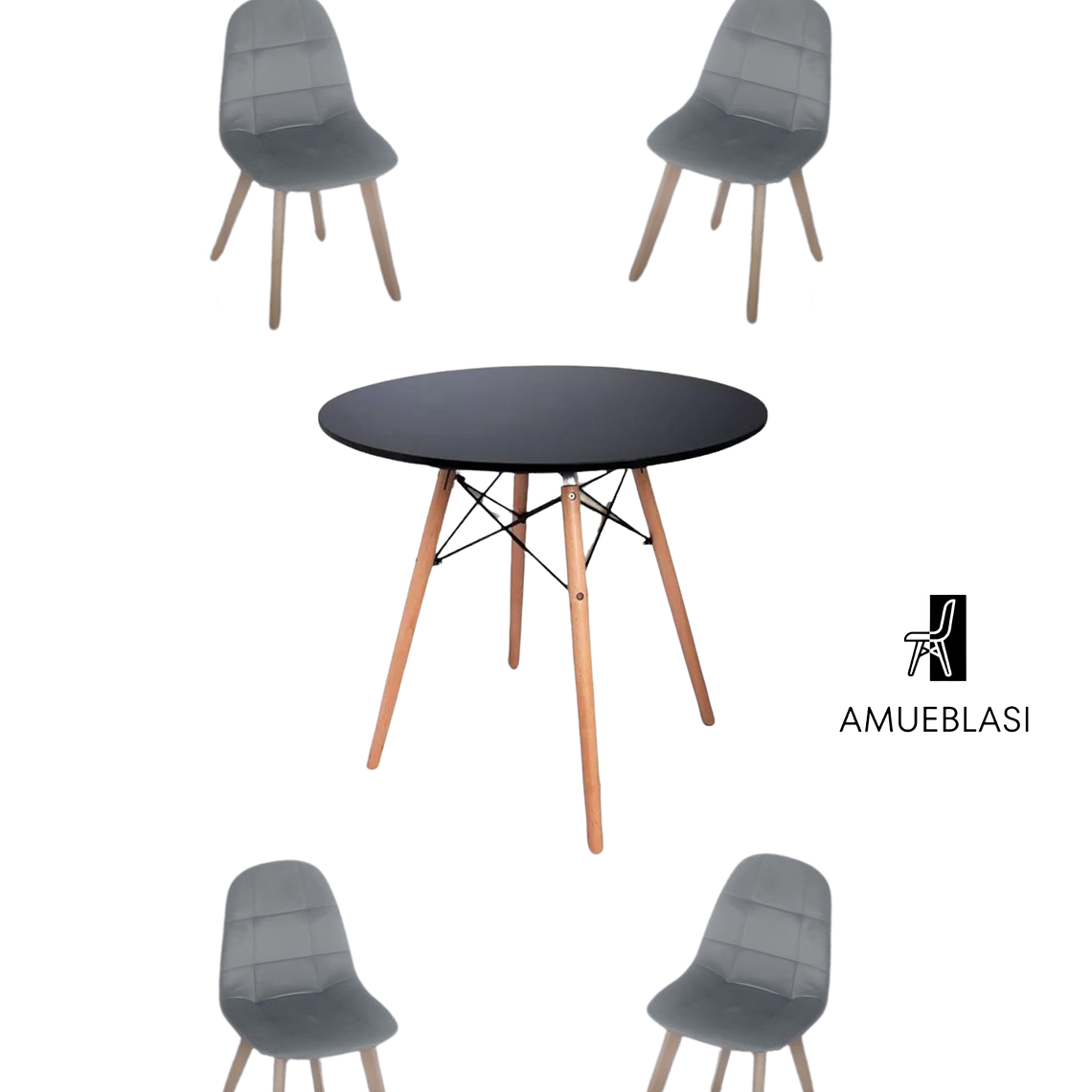 Comedor Mesa Redonda Melamina Eames Negra  + Sillas Capitone 5