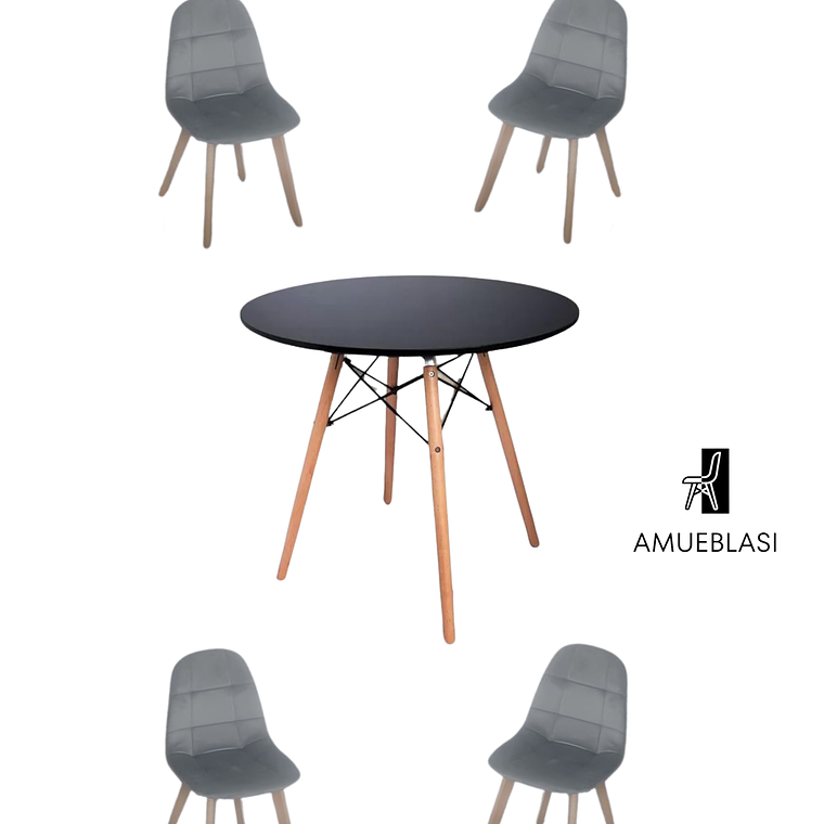 Comedor Mesa Redonda Melamina Eames Negra  + Sillas Capitone 5