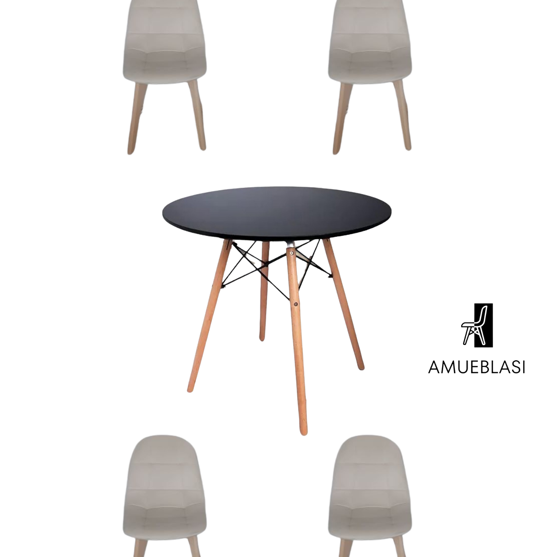 Comedor Mesa Redonda Melamina Eames Negra  + Sillas Capitone 6