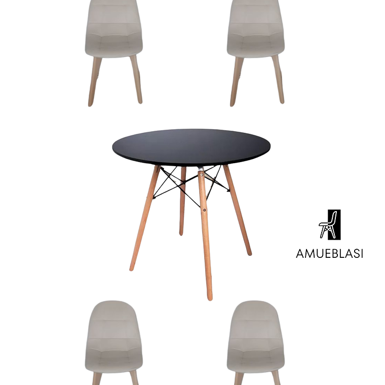Comedor Mesa Redonda Melamina Eames Negra  + Sillas Capitone 6