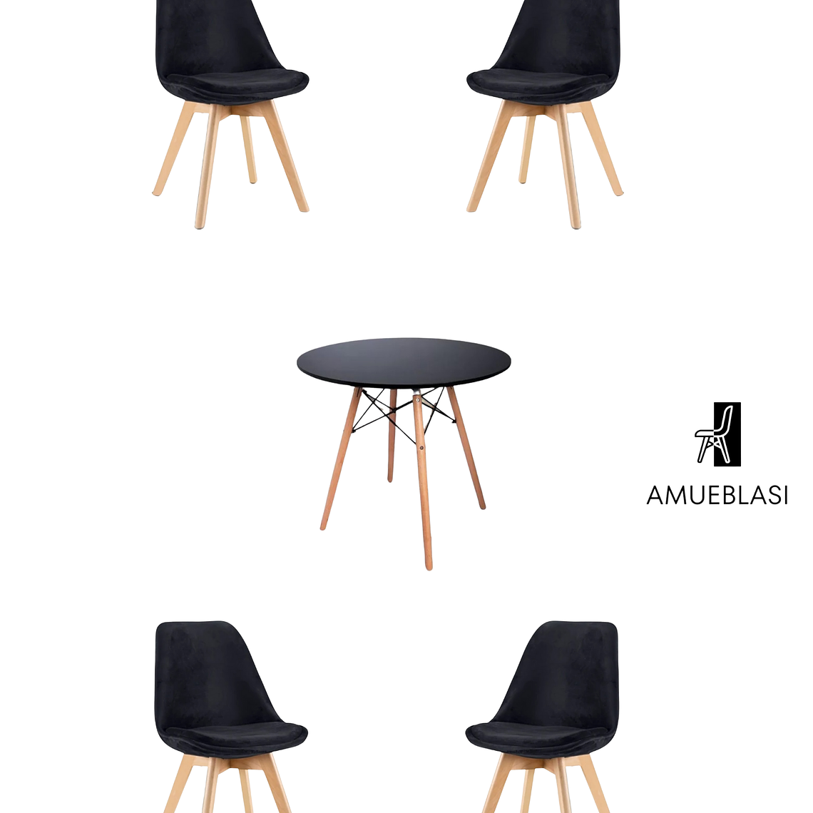  Comedor Mesa Redonda Melamina Eames Negras + Sillas Tulip Velvet 3