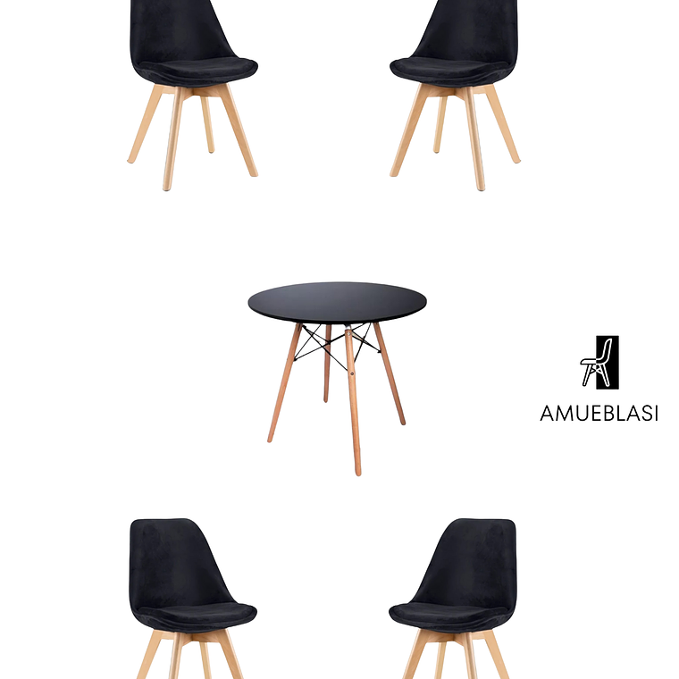  Comedor Mesa Redonda Melamina Eames Negras + Sillas Tulip Velvet 3