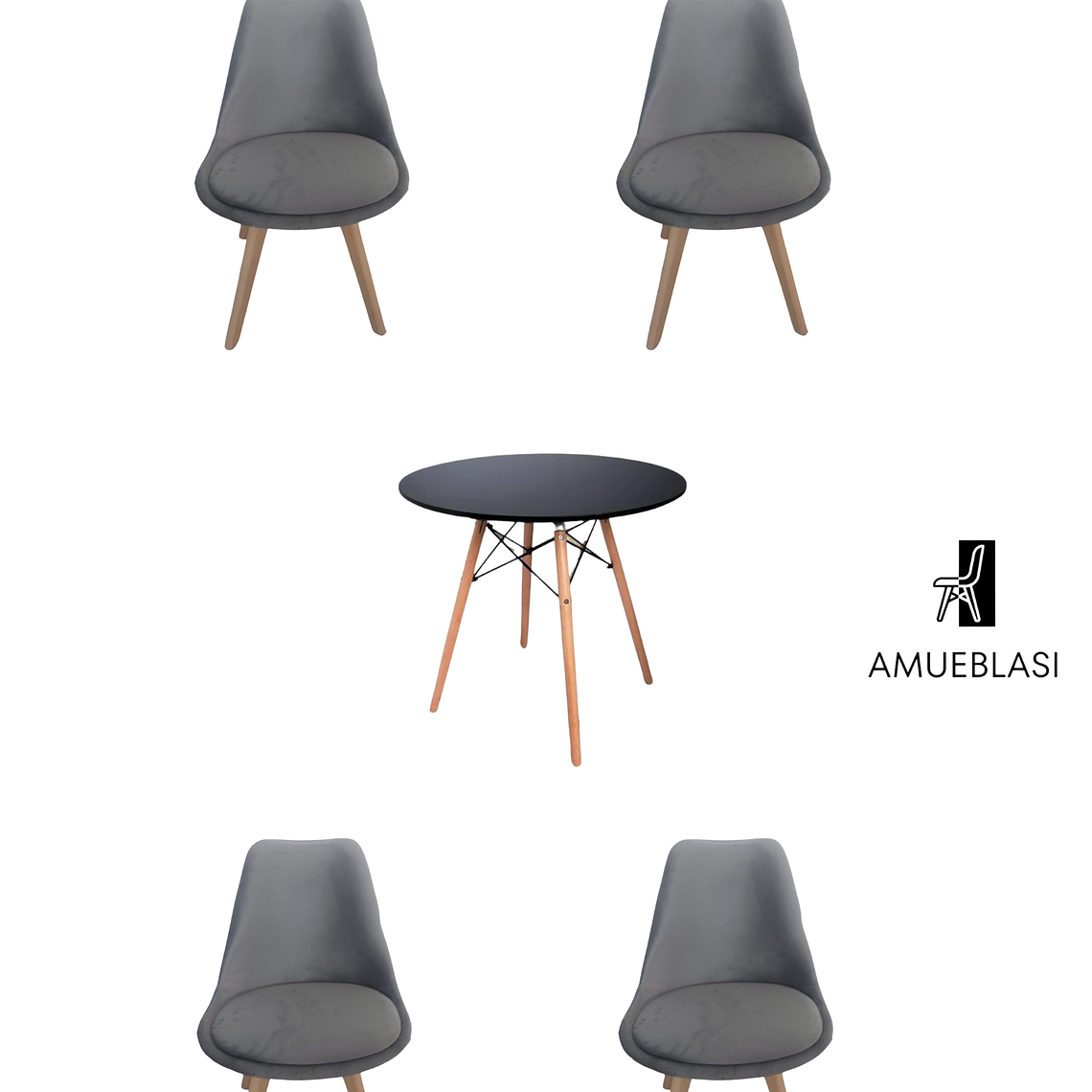  Comedor Mesa Redonda Melamina Eames Negras + Sillas Tulip Velvet 1