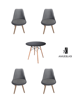  Comedor Mesa Redonda Melamina Eames Negras + Sillas Tulip Velvet