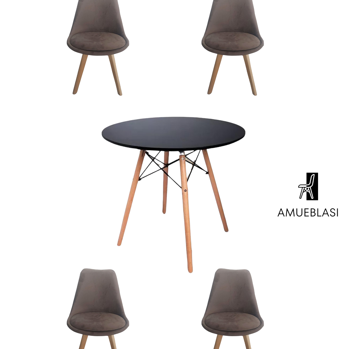  Comedor Mesa Redonda Melamina Eames Negras + Sillas Tulip Velvet 4