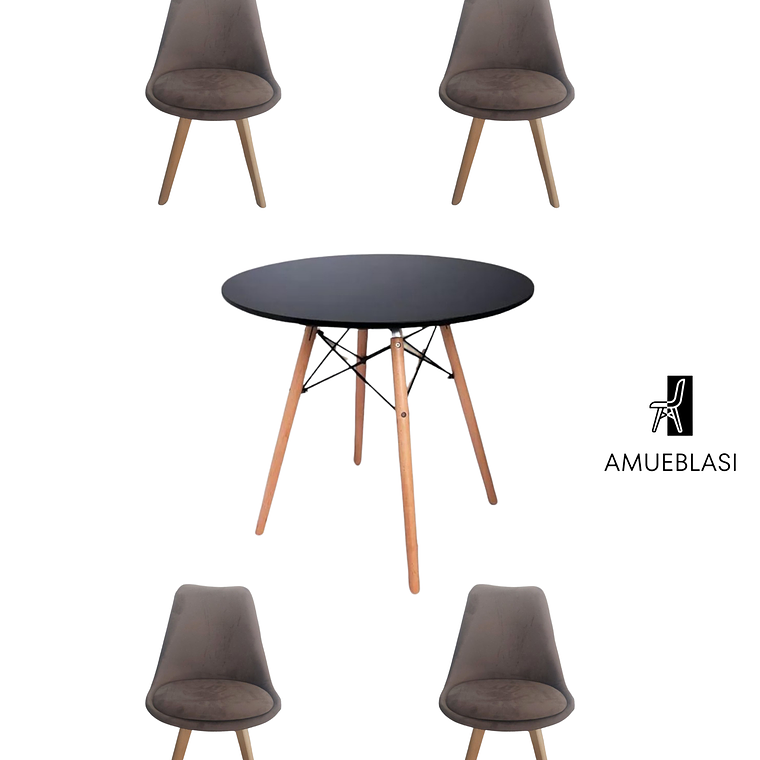  Comedor Mesa Redonda Melamina Eames Negras + Sillas Tulip Velvet 4
