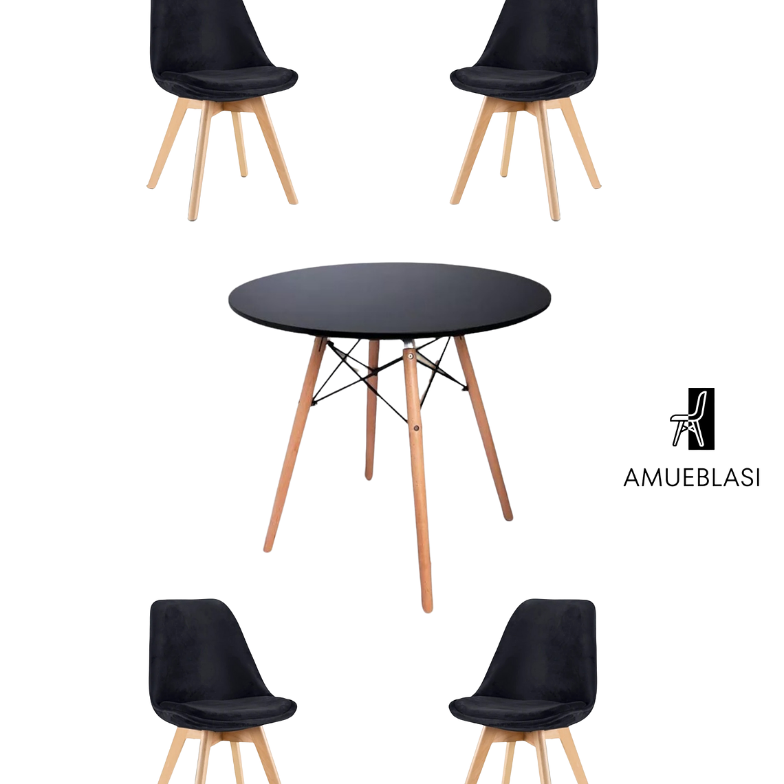  Comedor Mesa Redonda Melamina Eames Negras + Sillas Tulip Velvet 5