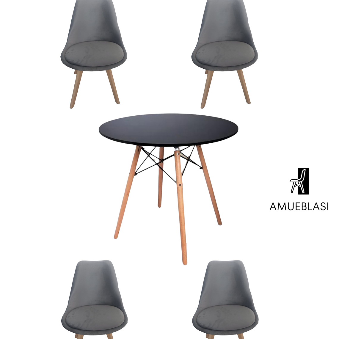  Comedor Mesa Redonda Melamina Eames Negras + Sillas Tulip Velvet 6