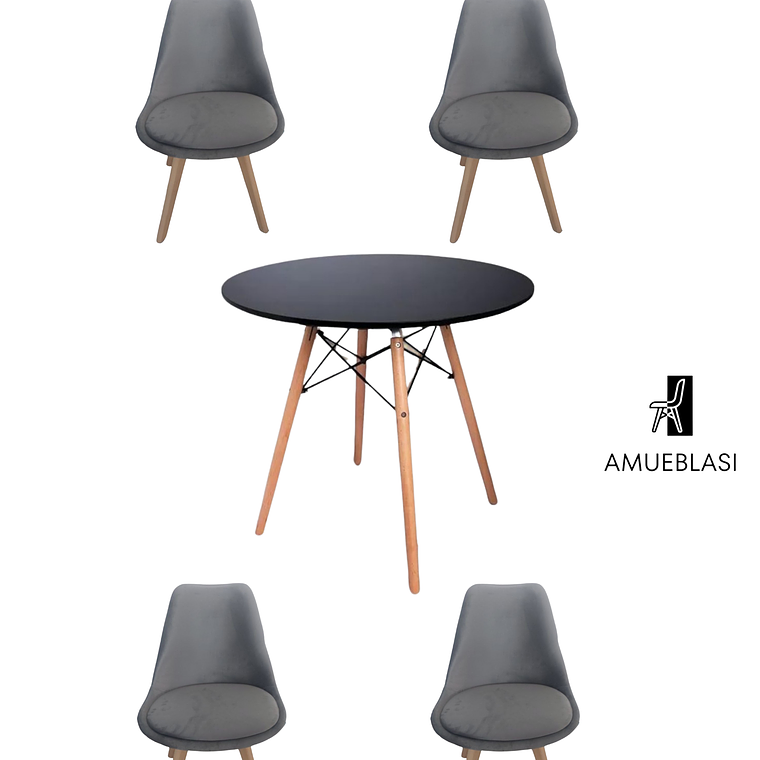  Comedor Mesa Redonda Melamina Eames Negras + Sillas Tulip Velvet 6