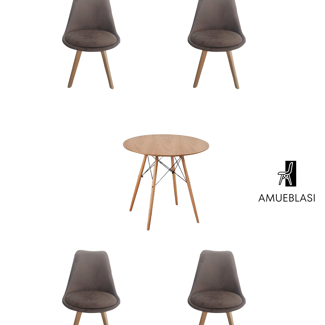 Comedor Mesa Redonda Melamina Eames Madera + Sillas Tulip Velvet 2