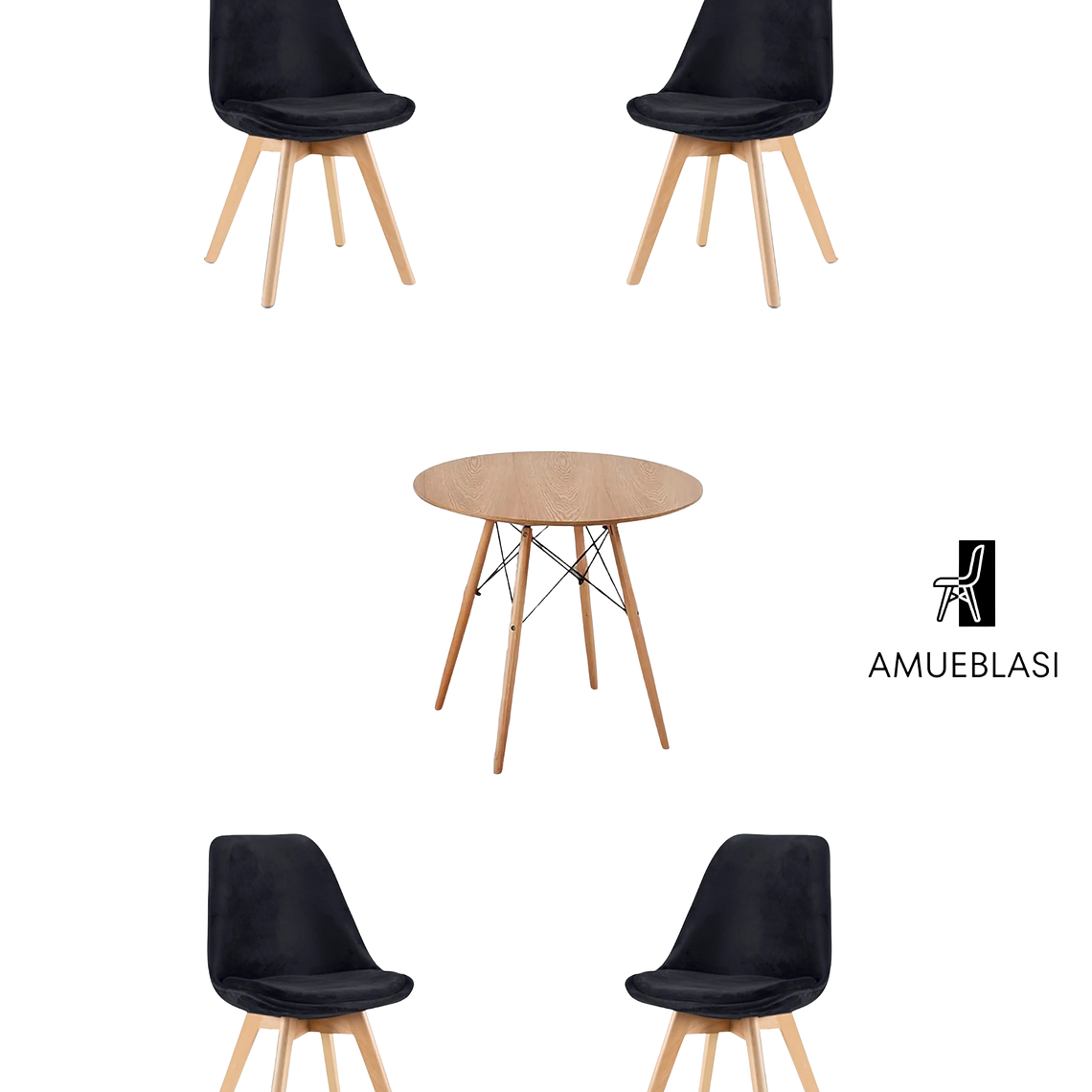 Comedor Mesa Redonda Melamina Eames Madera + Sillas Tulip Velvet 3