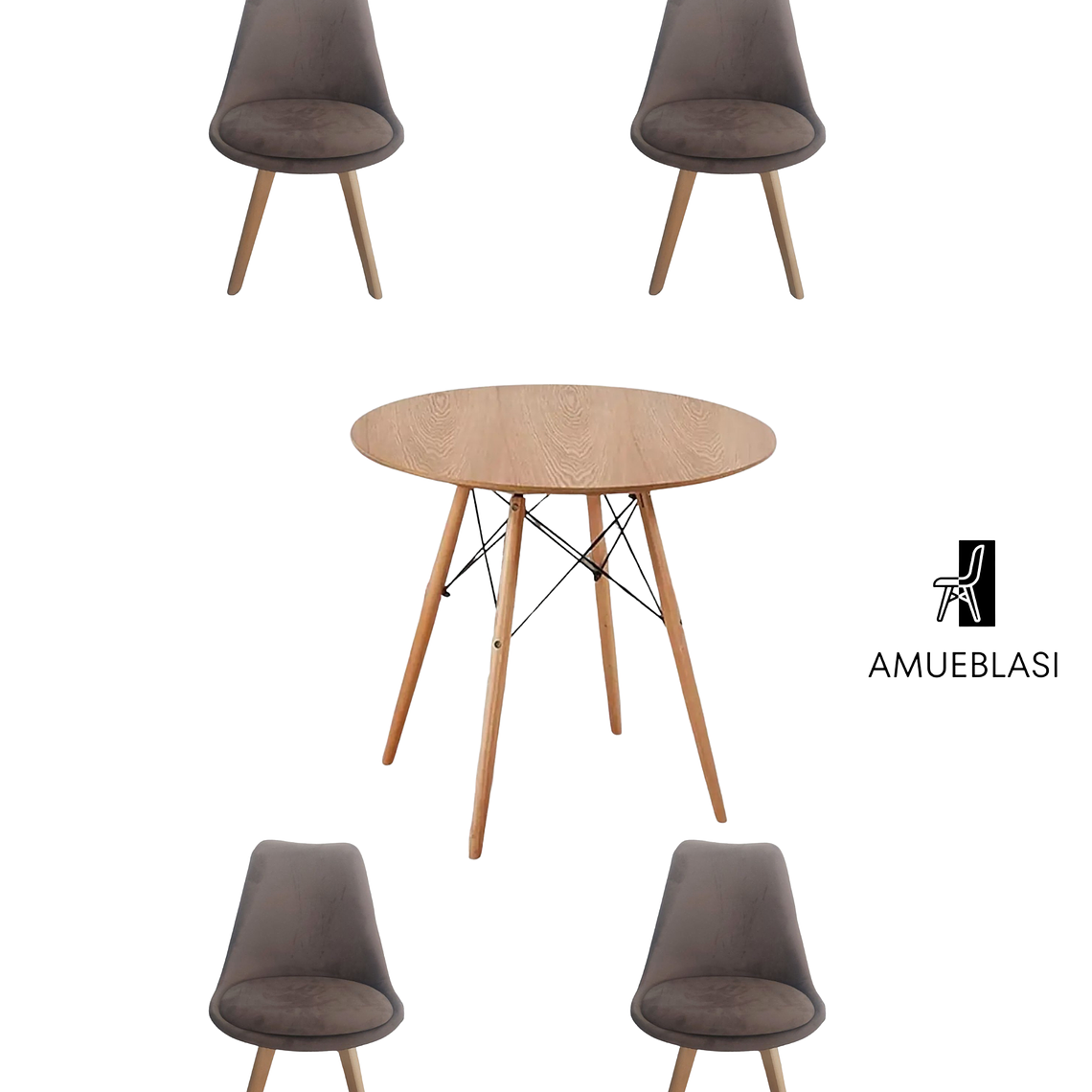 Comedor Mesa Redonda Melamina Eames Madera + Sillas Tulip Velvet 4