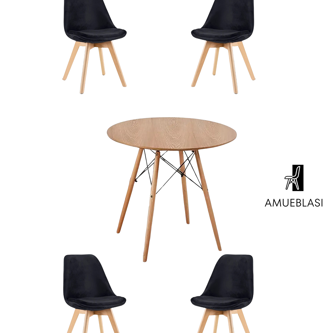 Comedor Mesa Redonda Melamina Eames Madera + Sillas Tulip Velvet 6