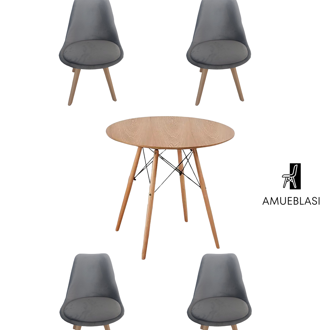 Comedor Mesa Redonda Melamina Eames Madera + Sillas Tulip Velvet 1