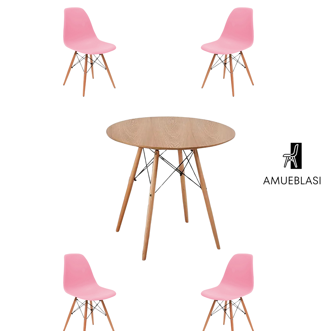 Comedor Mesa Redonda Melamina Eames Madera + Sillas Eames 8