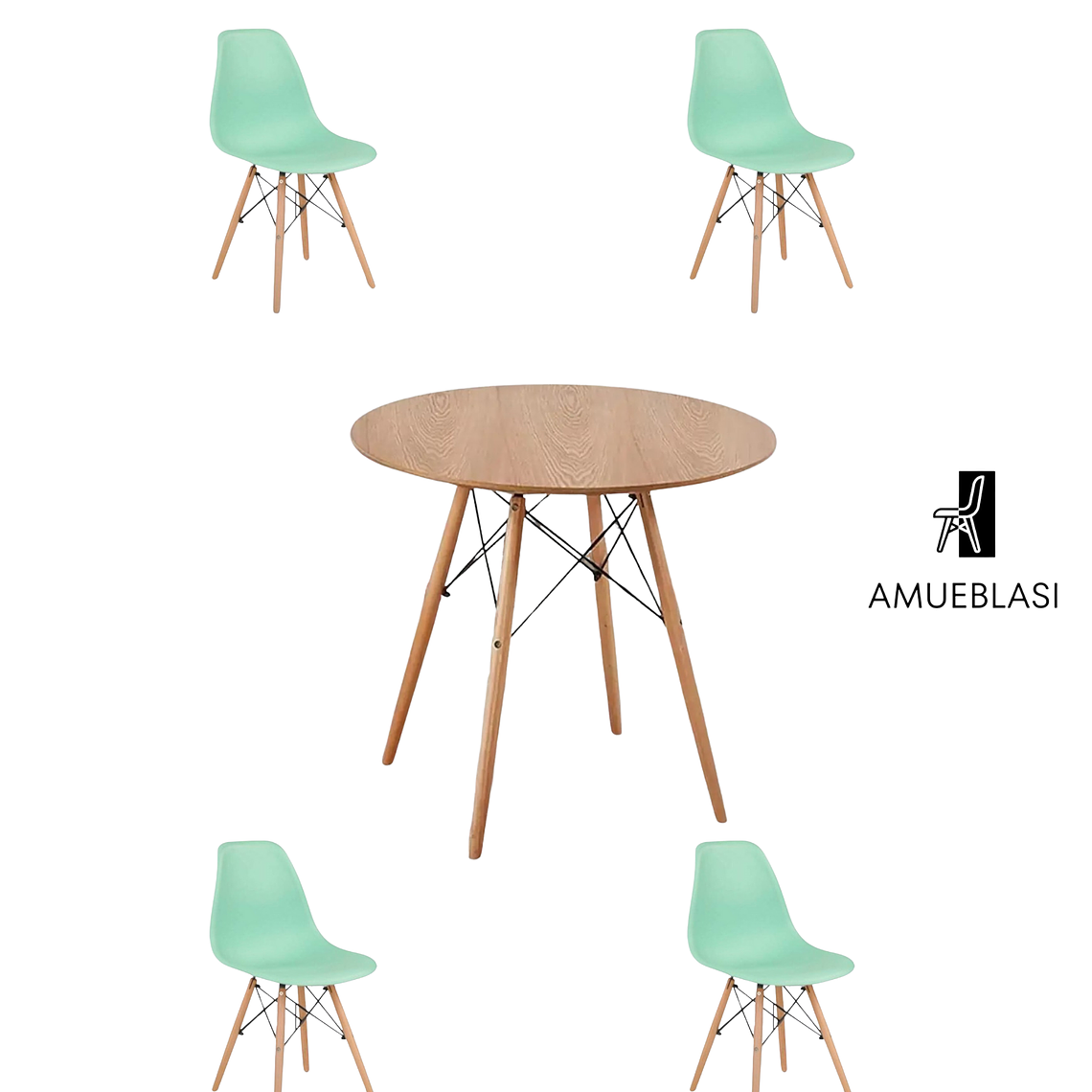 Comedor Mesa Redonda Melamina Eames Madera + Sillas Eames 13
