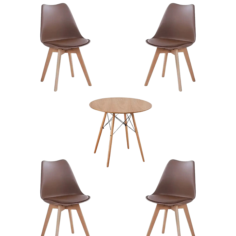 Comedor Mesa Redonda Melamina Eames Madera + Sillas Tulip 4