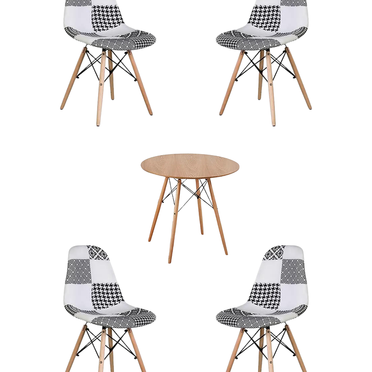 Comedor Mesa Redonda Melamina Eames Madera + Sillas Patchwork 2