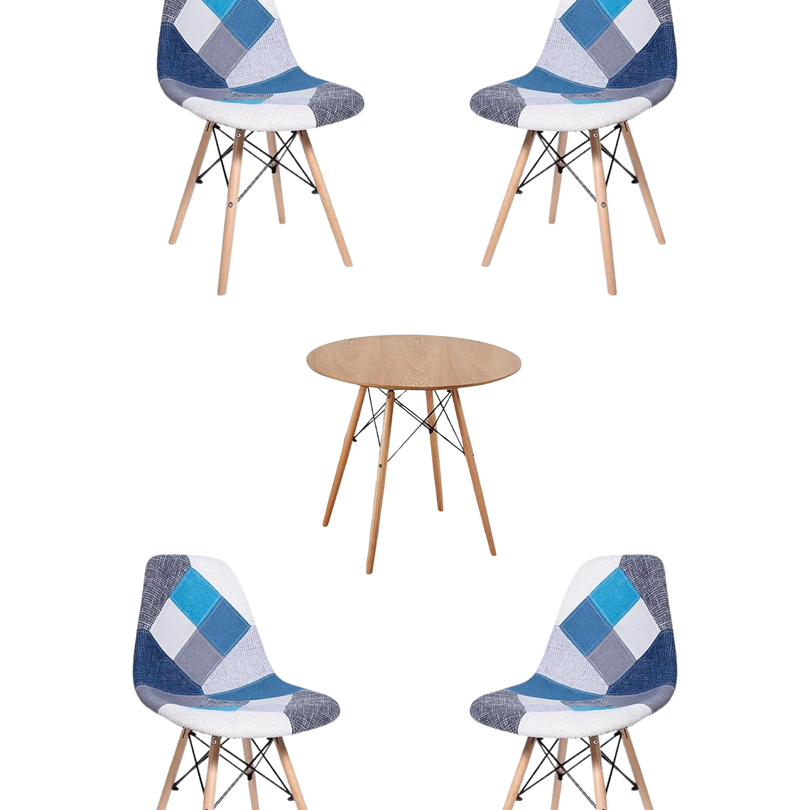 Comedor Mesa Redonda Melamina Eames Madera + Sillas Patchwork 3