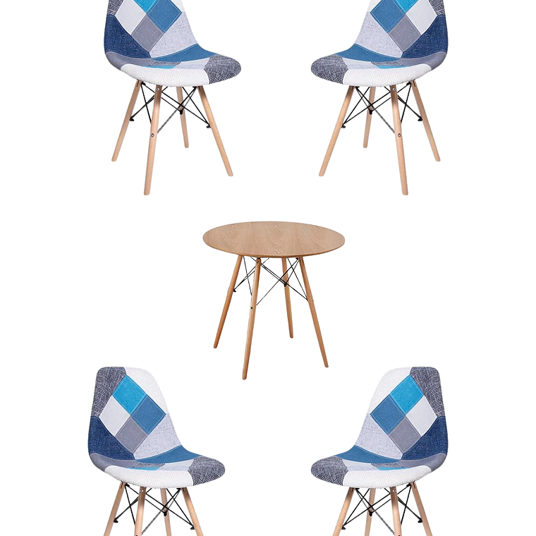 Comedor Mesa Redonda Melamina Eames Madera + Sillas Patchwork 3